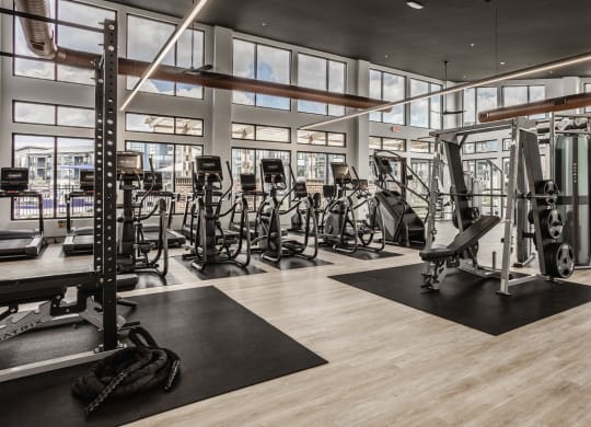 a gym with weights and cardio equipment and glass walls at Nuvo Flats, Merrillville, 46410