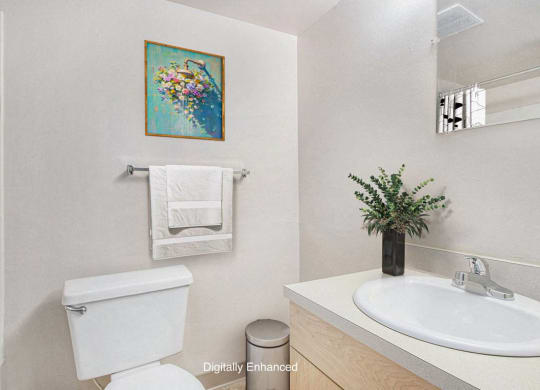 a bathroom with a toilet and a sink and a mirror at Old Farm Apartments, Elkhart, 46517