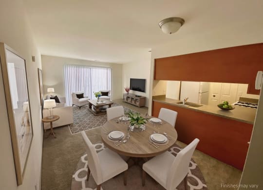 a dining room and living room with a table and chairs at The Landings Apartments, Westland, 48185