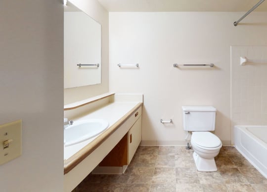 main bathroom with a toilet and a sink and a bath tub at Pine Knoll Apartments, Battle Creek, 49014