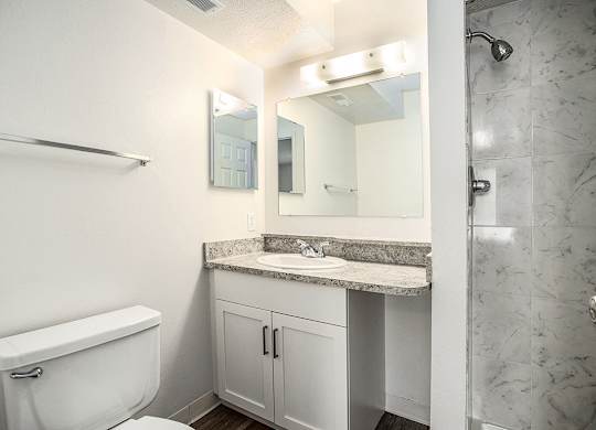 A bathroom with a shower, toilet, and large vanity at Pine Knoll Apartments, Battle Creek, 49014.