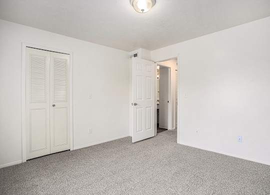 A bedroom with a walk-in closet and a carpeted floor at Pine Knoll Apartments, Battle Creek, 49014