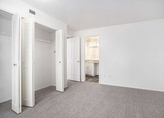 A bedroom with a large closet and an ensuite bathroom at Pine Knoll Apartments, Battle Creek, 49014