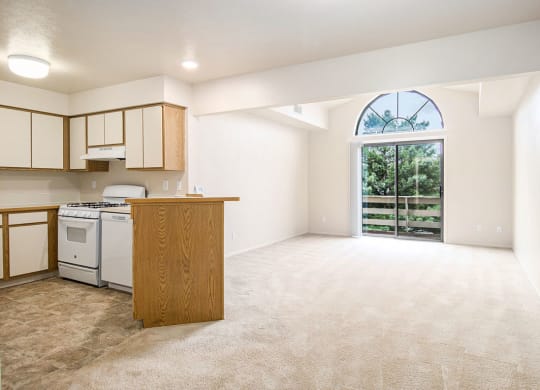 Large living areas with cathedral ceiling at Pine Knoll Apartments, Battle Creek, MI