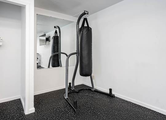 A black punching bag is hanging from a stand in a room at Polo Run Apartments, Greenwood, IN