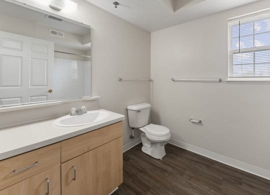 a bathroom with a window, toilet and a sink and a mirror  at Hunters Pond Apartment Homes, Illinois, 61820