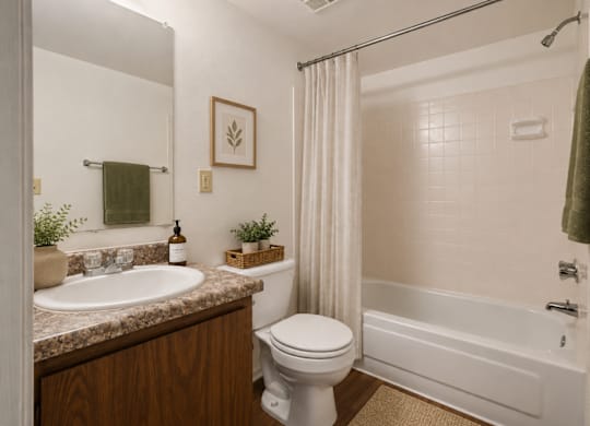 A bathroom with a white toilet, sink, and bathtub.