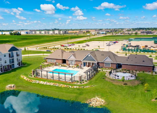 Aerial View of Community Building and Recreation Areas at The Reserve at Destination Pointe, Grimes, IA, 50111