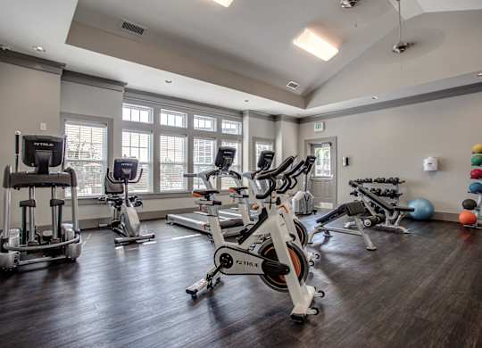 A gym with a variety of exercise equipment including treadmills, stationary bikes, and weight machines. at River Crossing Apartments, St. Charles
