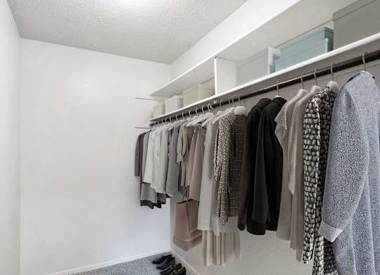 a walk in closet with a rack of clothes at Seville Apartments, Kalamazoo, MI, 49009