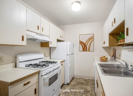 a kitchen with a gas stove at Seville Apartments, Kalamazoo, MI, 49009