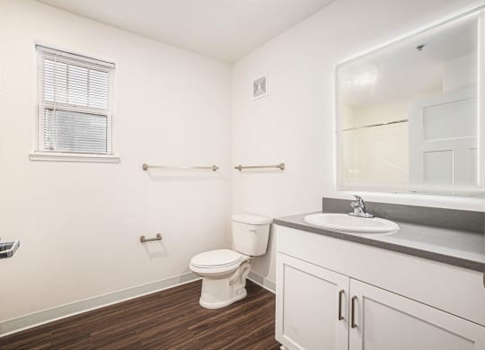 a bathroom with a window and lighted mirror  at Signature Pointe Apartment Homes, Alabama, 35611