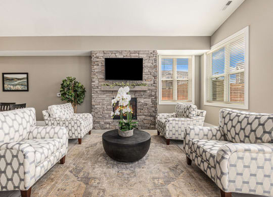 Community Building with fireplace  at Signature Pointe Apartment Homes, Alabama