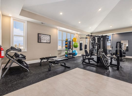 a gym with exercise equipment and weights  at Signature Pointe Apartment Homes, Athens, AL, 35611