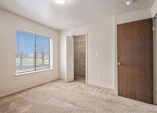 A room with a brown door, a window with a view of a tree-lined street, and a carpeted floor.