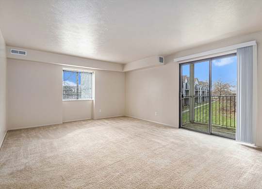 A room with a carpeted floor, a sliding glass door, and a window.