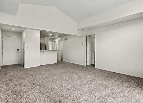A large, empty room with carpeted floors and white walls.