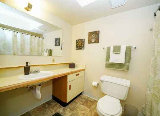 Large bathroom vanity area at South Bridge Apartments, Fort Wayne, IN, 46816