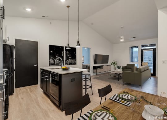 a view of the kitchen and living room from the dining area  at Uptown Square Apartments, Troy, MI