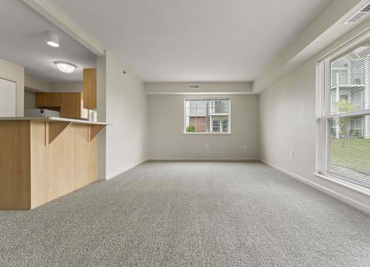 An enlarged living room with a carpeted floor and a window with blinds at Stoney Pointe Apartment Homes, Kansas
