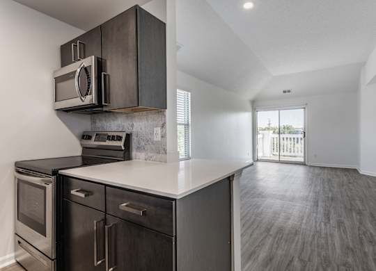 A modern kitchen with dark wood cabinets and stainless steel appliances. at Sundance Apartments, Indianapolis, IN