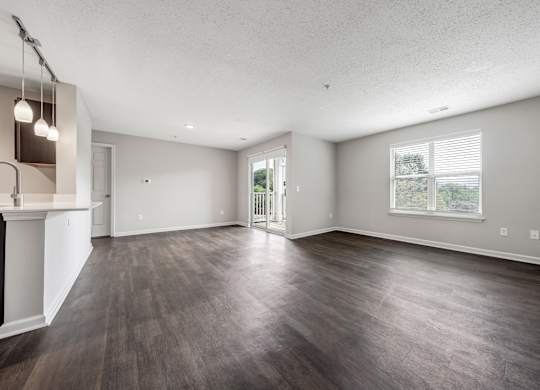 A spacious room with wood flooring and a fireplace on the left side. at Sunscape Apartments, Virginia