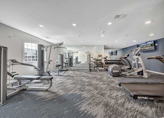 A spacious gym with a variety of equipment including treadmills, stationary bikes, and weight machines. at Sunscape Apartments, Virginia, 24018