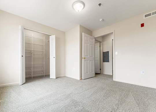 A bedroom with a carpeted floor and a walk-in closet with organizers at Tall Oaks Apartment Homes, Michigan, 49009