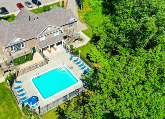 Aerial View of Pool and Clubhouse at Tall Oaks Apartment Homes, Kalamazoo, MI, 49009