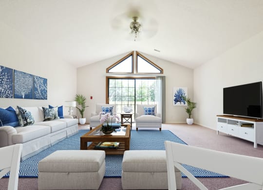 Living Room with Cathedral Ceiling at Tanglewood Apartments in Oak Creek, WI
