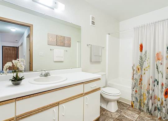A bathroom with a sink, toilet, and shower at Tanglewood Apartments, Oak Creek
