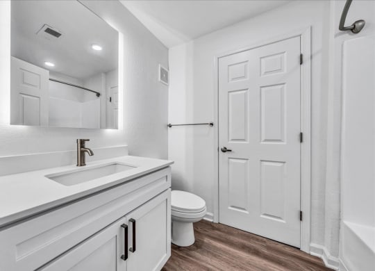 a white bathroom with a toilet and a sink at The Vinings Apartments in Richmond, VA 