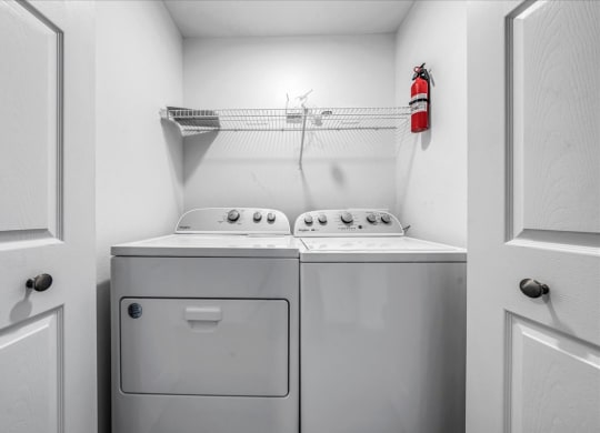 a washer and dryer in a laundry room with a fire hydrant at The Vinings Apartments in Richmond, VA 