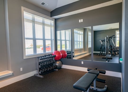 Free Weights In Gym at The Reserve at Destination Pointe, Iowa, 50111