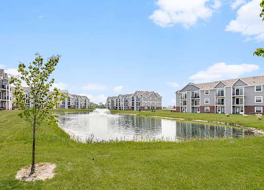 A tree stands in front of a pond with green grass behind apartment buildings. at Tracy Creek Apartments, Perrysburg