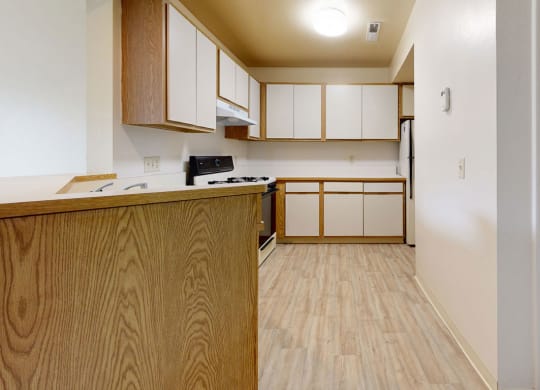 European-style kitchen with a closet  at Trappers Cove Apartments, Lansing, 48910