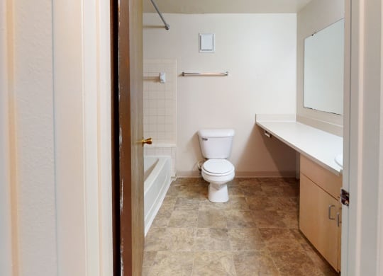 a bathroom with a toilet and a tub and a sink at Trappers Cove Apartments, Lansing, MI