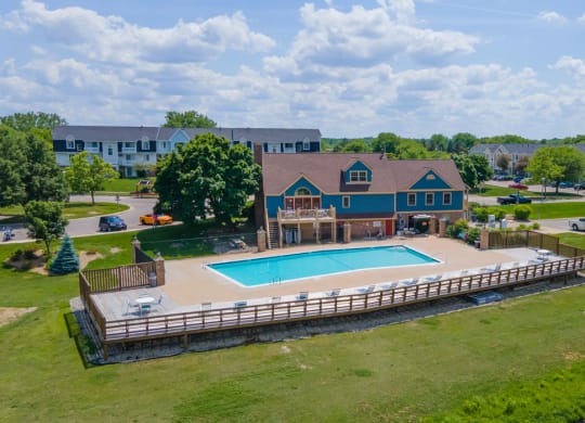 Aerial View of Large Pool at Trappers Cove Apartments, Lansing, Michigan