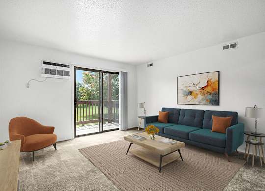 A living room with a couch, a brown chair, and a painting on the wall at Trappers Cove Apartments, Michigan, 48910