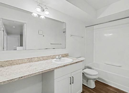 An upgraded bathroom with a sink, mirror, and bathtub at Trappers Cove Apartments, Lansing, Michigan