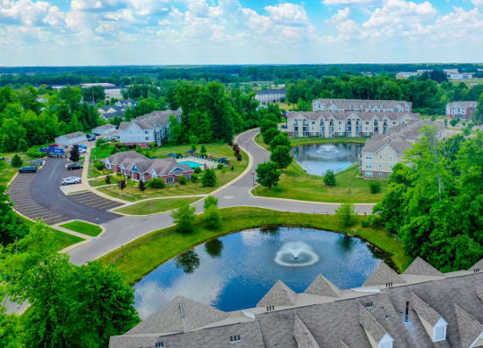 Aerial View Showing Pond Views at Trillium Pointe Apartment Homes, Jackson, MI