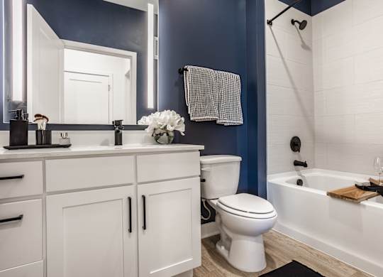 A white toilet sits in a bathroom with blue walls at Upper Vue Flats, Dublin