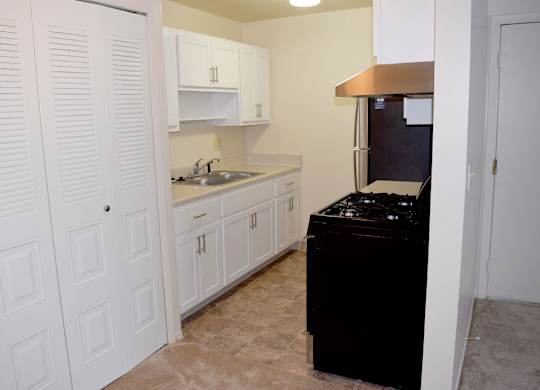 Upgraded kitchen with shaker-style cabinets and stainless steel appliances at Walnut Trail Apartments, Michigan 49002