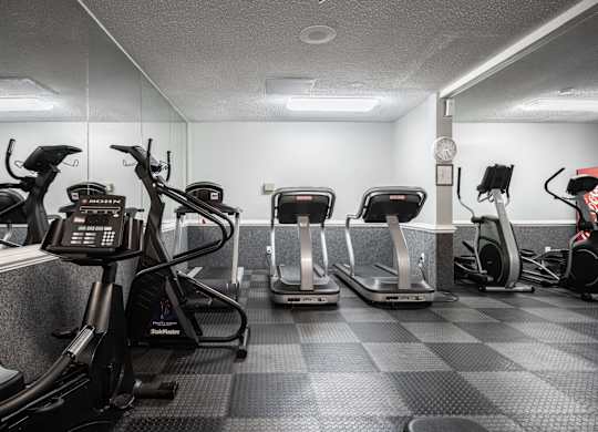 A gym with treadmills, elliptical machines, and a weight machine at WaterFront Apartments, Virginia Beach, 23453