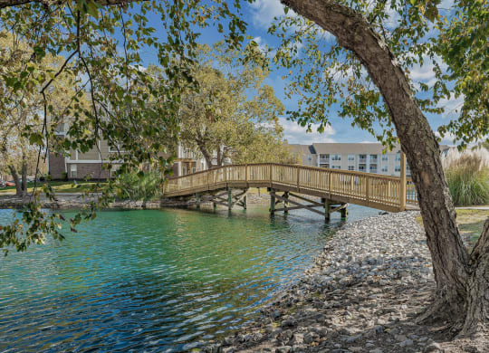 View of the lake with a bridge at WaterFront Apartments, Virginia Beach, VA, Virginia