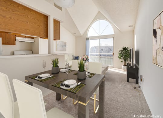 Winterberry Layout Dining Area with Living Room View at The Harbours Apartments, Clinton Twp, MI