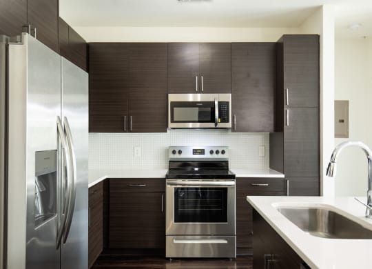 Modern Kitchen with stainless steel appliances, dark cabinets, deep large basin sink. Live at The Morrison SoHo in Tampa, FL near Hyde Park, Downtown Tampa.