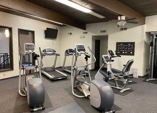 A gym with treadmills, elliptical machines, and a television.