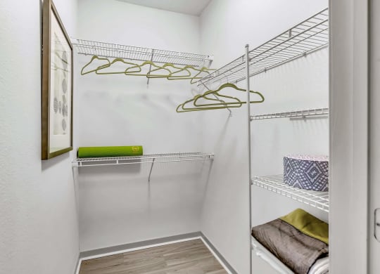 spacious closet with white walls and shelves and a glass door at Pearce at Pavilion Luxury Apartments, Florida