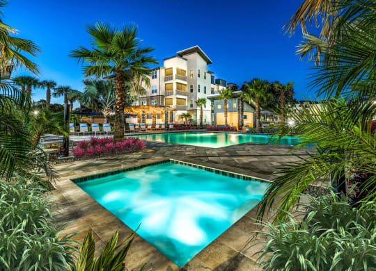Large swimming pool with palm trees at Pearce at Pavilion Luxury Apartments, Riverview, 33578